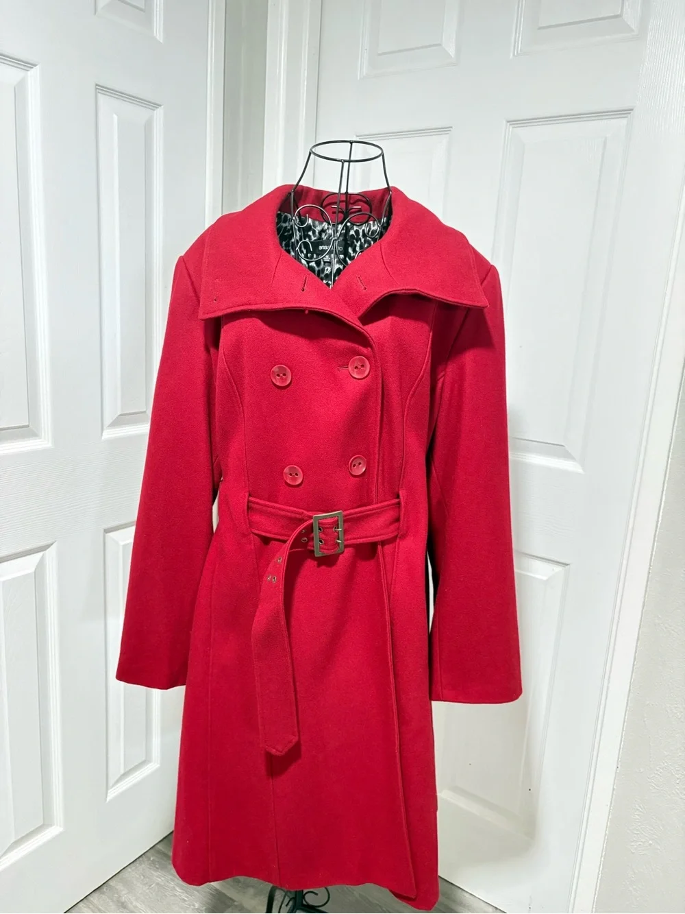 SienaStudio Red Double-Breasted Fully Lined Belted Women's Wool Polo Coat 1X